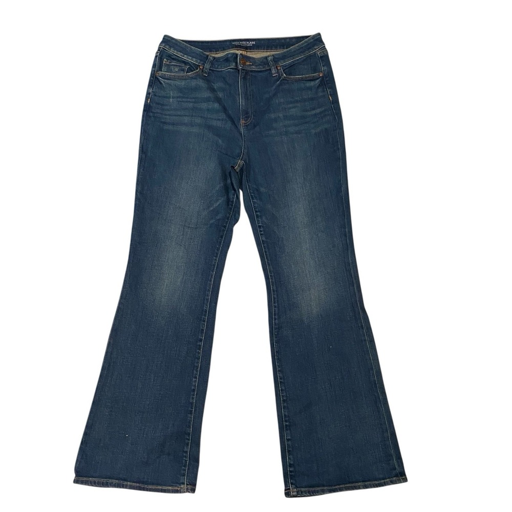 Chicos High Rise Flare Jeans Women 14R 2.5R Stretch Cotton Blend Blue Denim